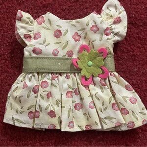 Fits Appx 7 Inch Doll. Floral Doll  Dress with Green Belt and Pink Flower